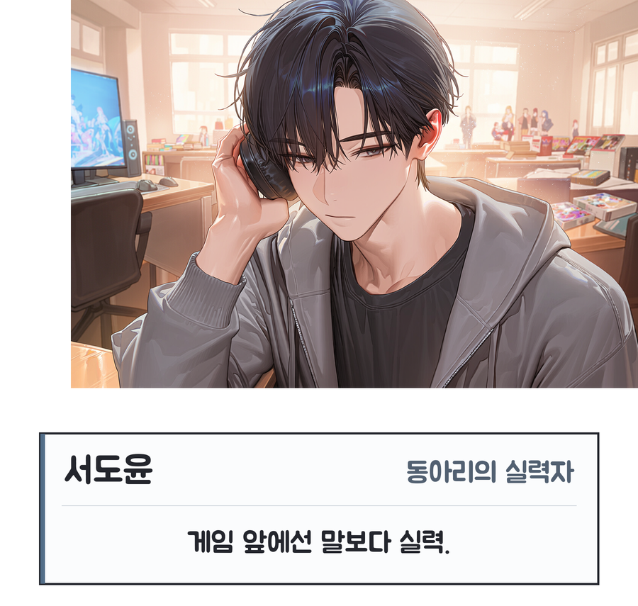 PR08 도윤이 게임에서 고개를 돌리는 무언 반응 / 무대사 / 인물 소개: 서도윤, 동아리의 실력자. 게임 앞에선 말보다 실력.