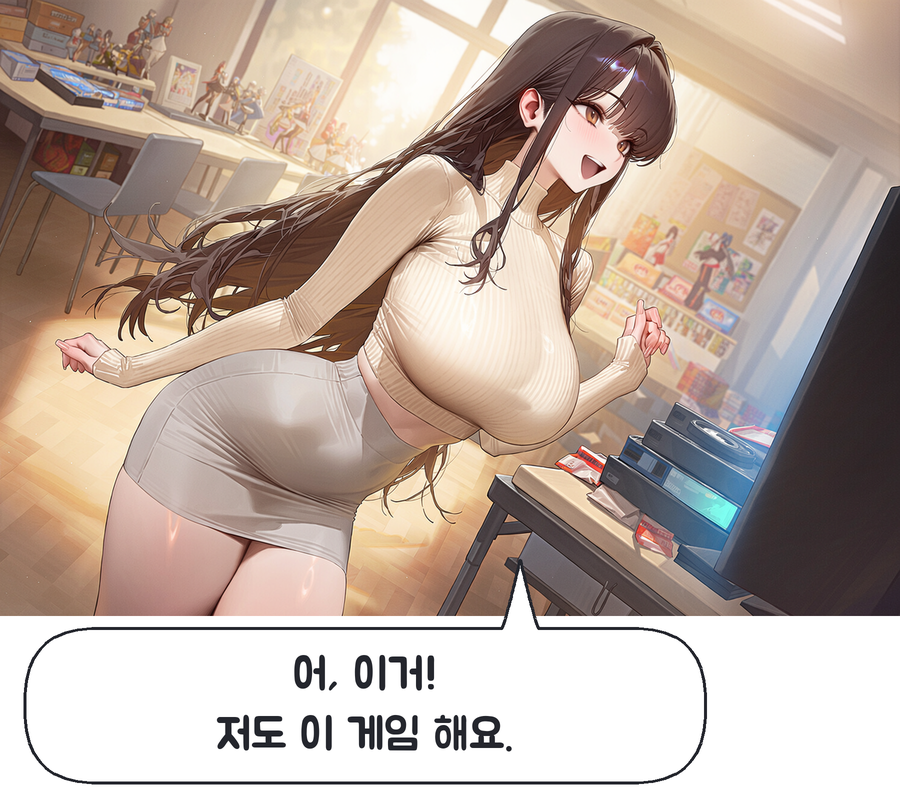 PR09 아는 게임을 발견해 구경하던 태도가 바뀜 / 정하은: 어, 이거! 저도 이 게임 해요.